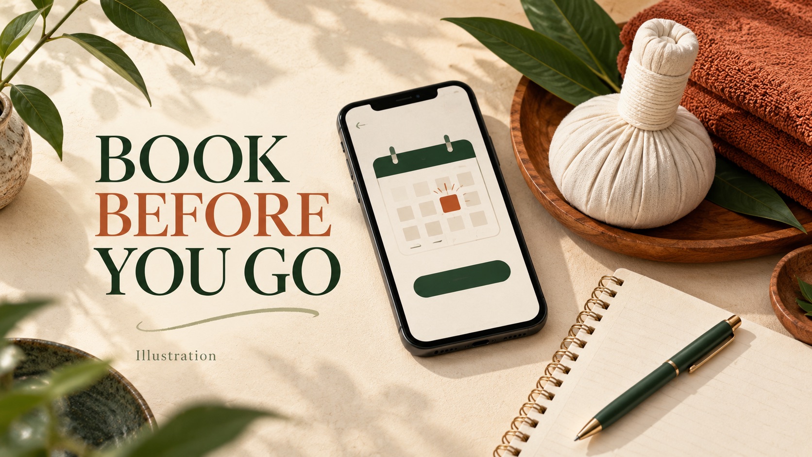 Illustration of an appointment calendar on a phone beside a notebook and herbal compress