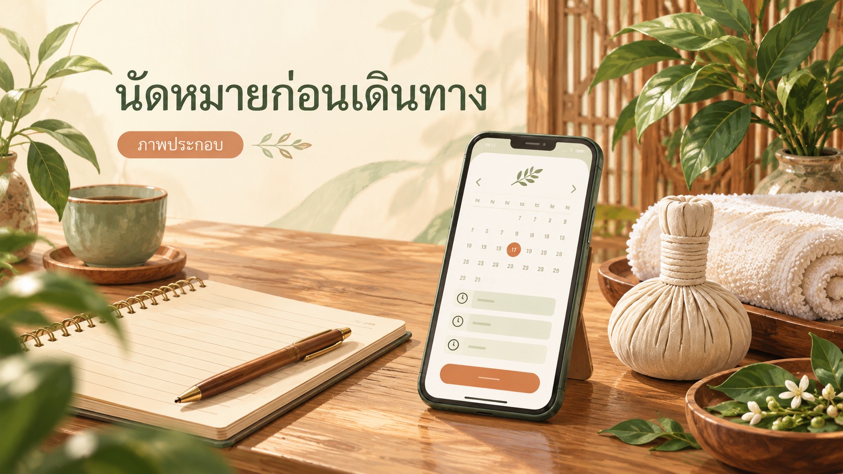 ภาพประกอบโทรศัพท์แสดงปฏิทิน สมุดจดและลูกประคบ เตือนให้นัดหมายอุ่นเรือนคลินิกก่อนเดินทาง