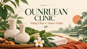 Illustration of herbal compresses, herbs and towels for the Ounruean Clinic visitor guide