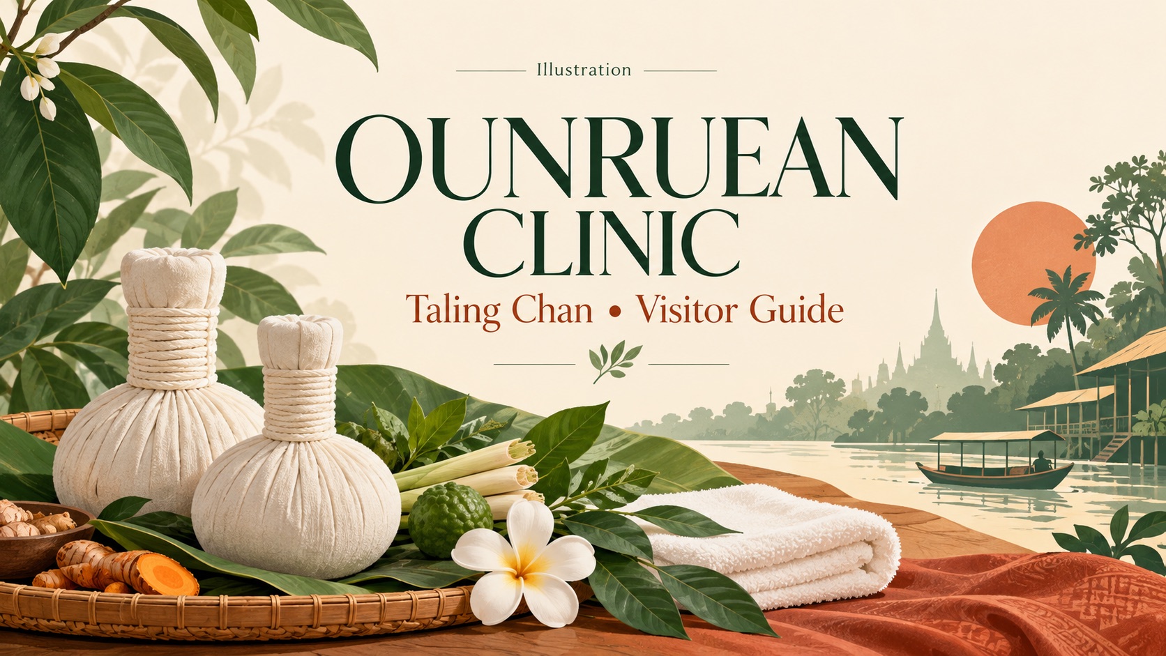Illustration of herbal compresses, herbs and towels for the Ounruean Clinic visitor guide