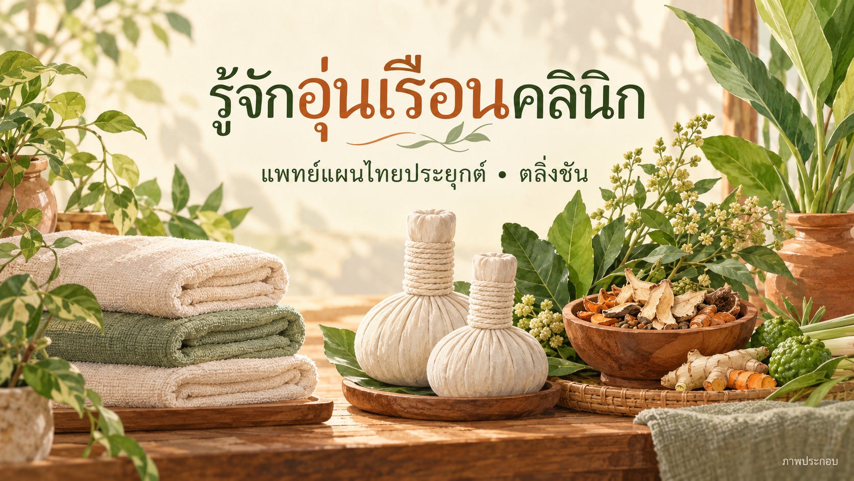 ภาพประกอบลูกประคบสมุนไพร ผ้าขนหนูและสมุนไพร สำหรับบทความแนะนำอุ่นเรือนคลินิก ตลิ่งชัน
