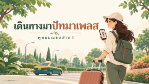 ภาพประกอบผู้เดินทางพร้อมกระเป๋าและหมุดแผนที่ สำหรับบทความเดินทางมาปัทมาเพลส พุทธมณฑลสาย 1
