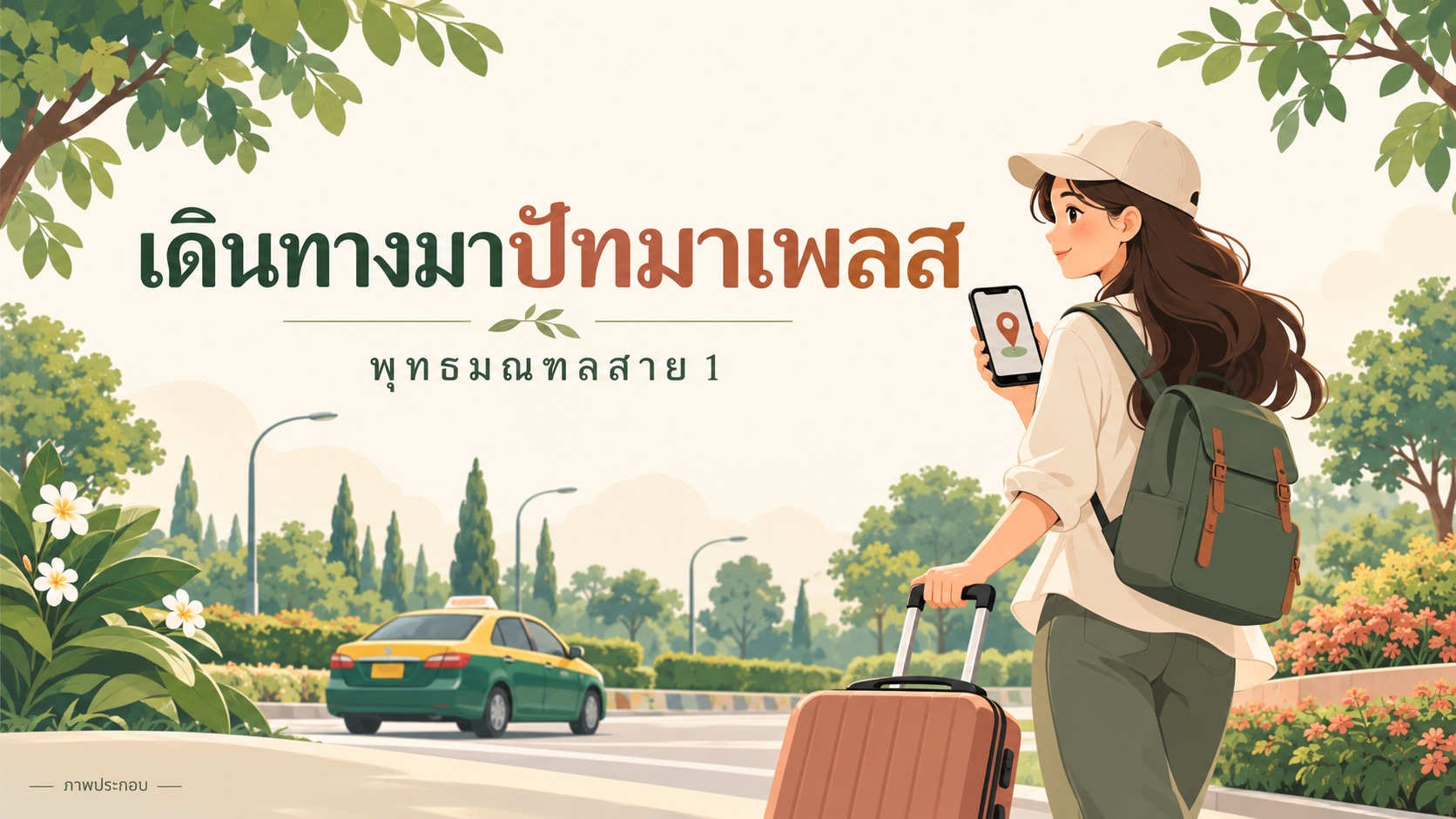 ภาพประกอบผู้เดินทางพร้อมกระเป๋าและหมุดแผนที่ สำหรับบทความเดินทางมาปัทมาเพลส พุทธมณฑลสาย 1
