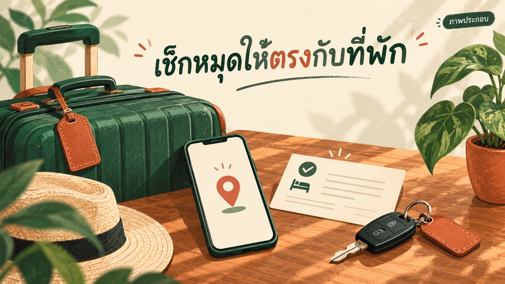 ภาพประกอบกระเป๋า โทรศัพท์แสดงหมุดและใบจอง เตือนให้เช็กปลายทางก่อนเดินทางมาปัทมาเพลส